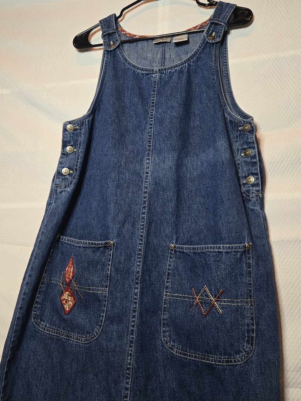 Vintage Denim Pinafore Denim Jumper Dress With Embroidery
